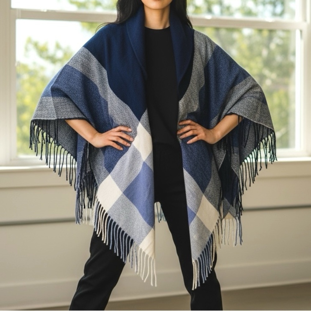 Versona Open Front Buckle Closure Blue Plaid Acrylic Fringed Shawl-Poncho-Wrap